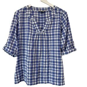Royal Robbins Popover Top Medium Blue Plaid Gauze Roll Tab Sleeves Easy Care EUC